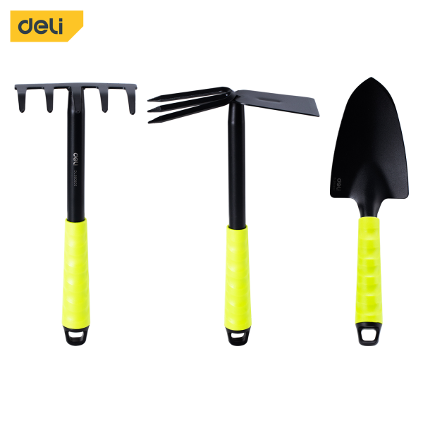 Three piece shovel, hoe and rake set 31cm